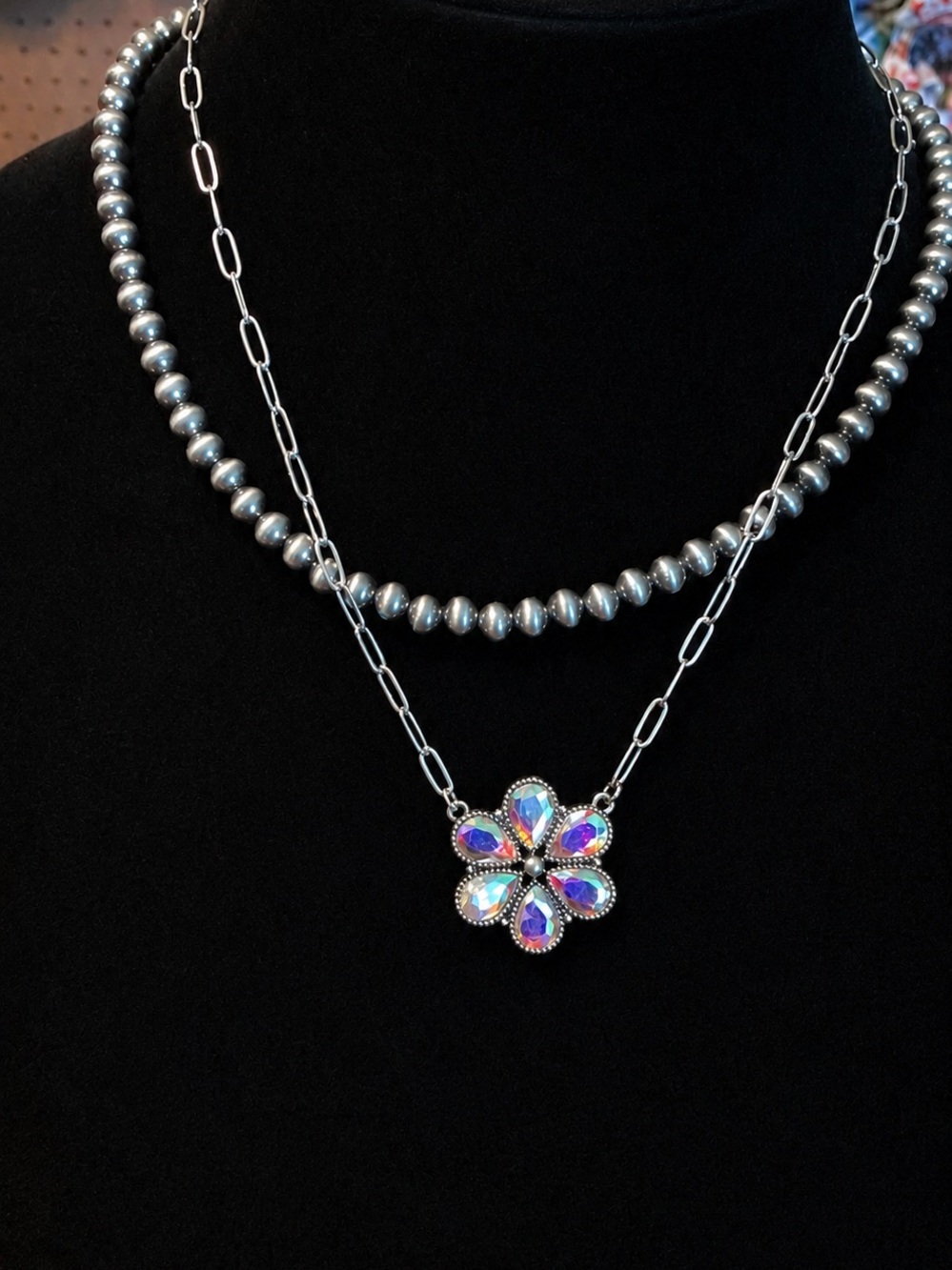Aurora Crystal Flower Pendant Necklace - Silver Tone
